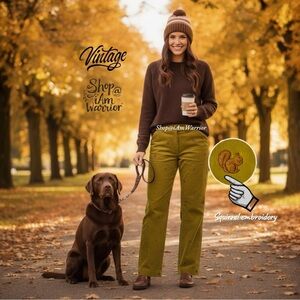 Vintage Chartreuse Straight Leg Corduroy Pants with Brown Squirrel Embroidery